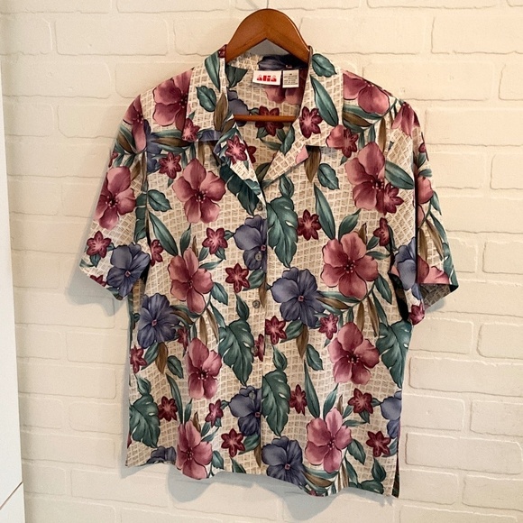 Vintage Button down shirt Tropical Floral Mixed print Aloha Cream Blue Dark 14 - Picture 1 of 8